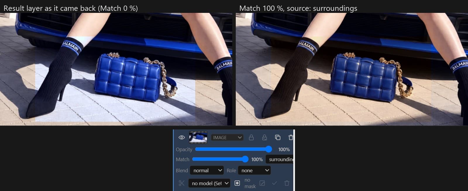 The same result layer at colour match 0 % with a visible cold rectangle and at 100 % blended into the ground, below it the layer row with the Match slider