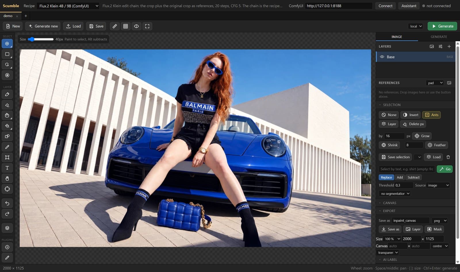 Scumble with a picture open: the tool column on the left, the canvas, the layer stack and the selection panel on the right