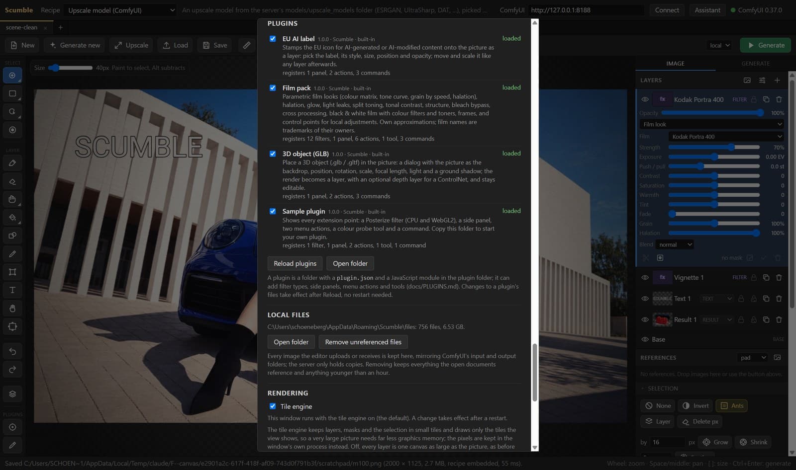 Settings, the Plugins section: the built-in plugins with what each one adds to the app