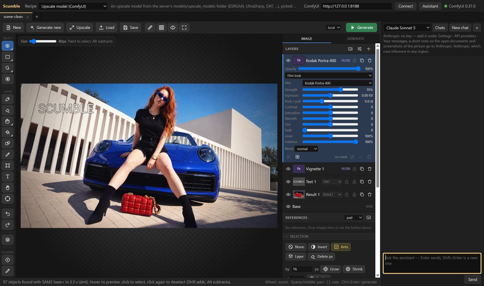 The assistant panel open beside the canvas, with the model picker, the chat list and the input field