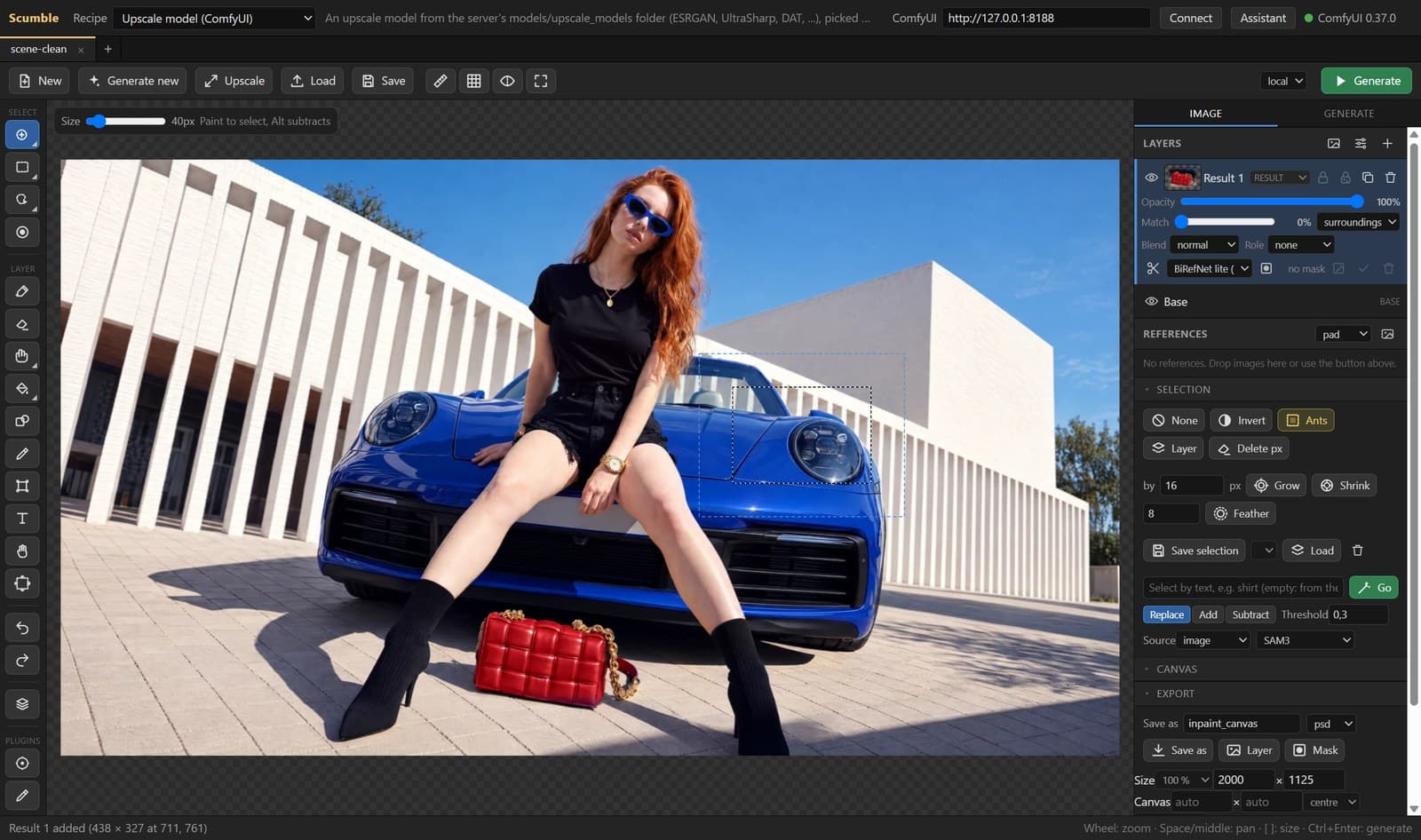 The Export panel with PSD chosen, next to the size and canvas fields and the buttons for a single layer or the mask