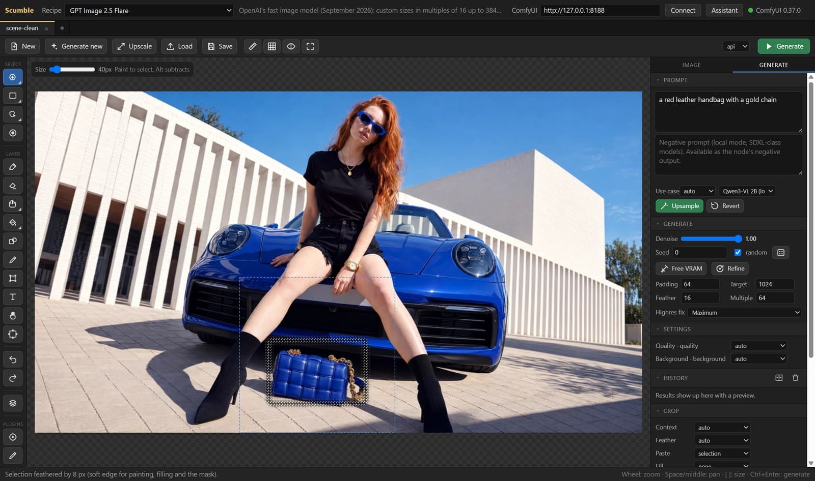 The picture open, the handbag selected with marching ants and the crop box around it, the Generate tab on the right with the prompt typed in