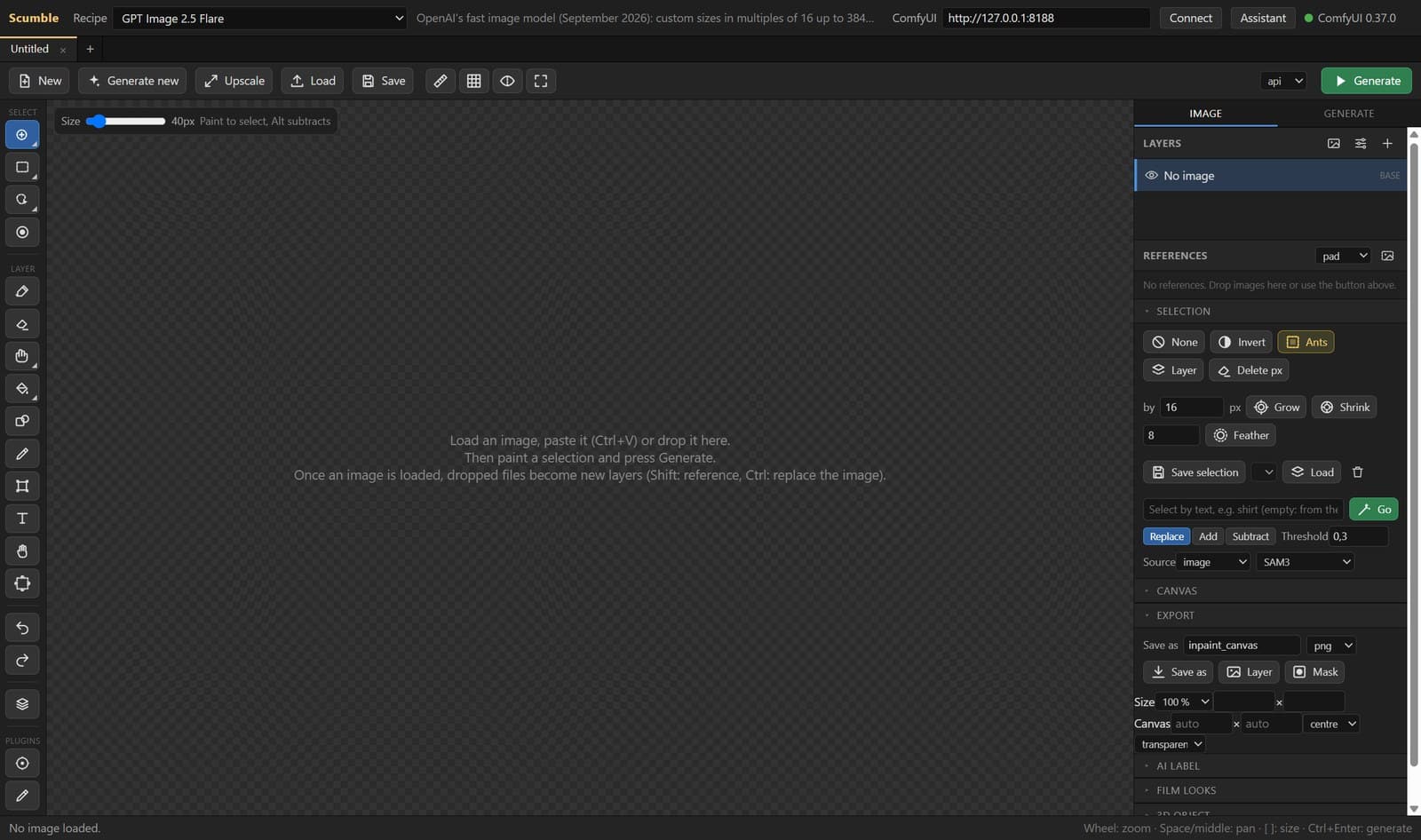 Scumble at first start: one empty tab, the tool column on the left, the side panel on the right, and the hint to load, paste or drop an image