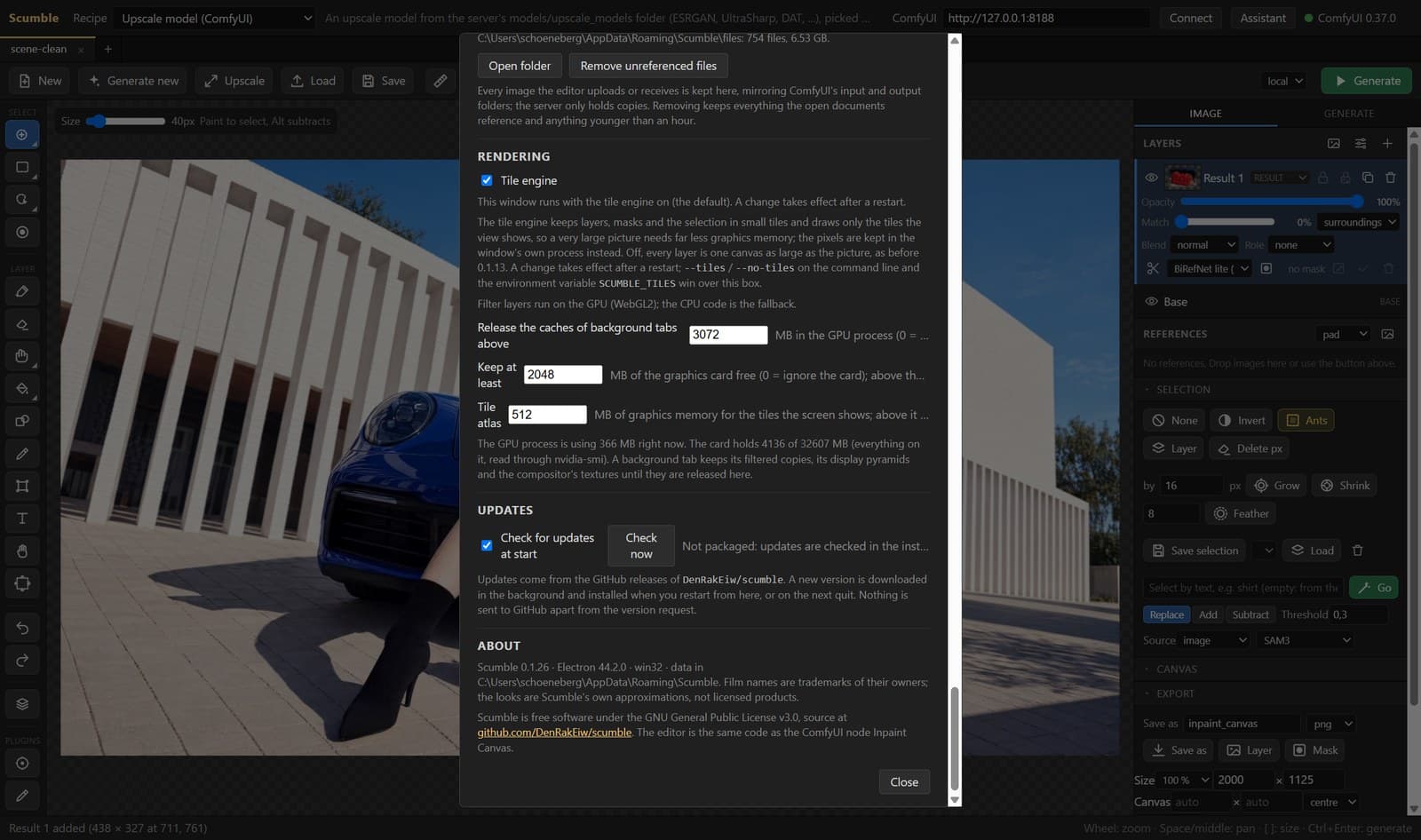 Settings, the Rendering section: the tile engine switch and the memory limits, with the live reading of what the GPU process holds