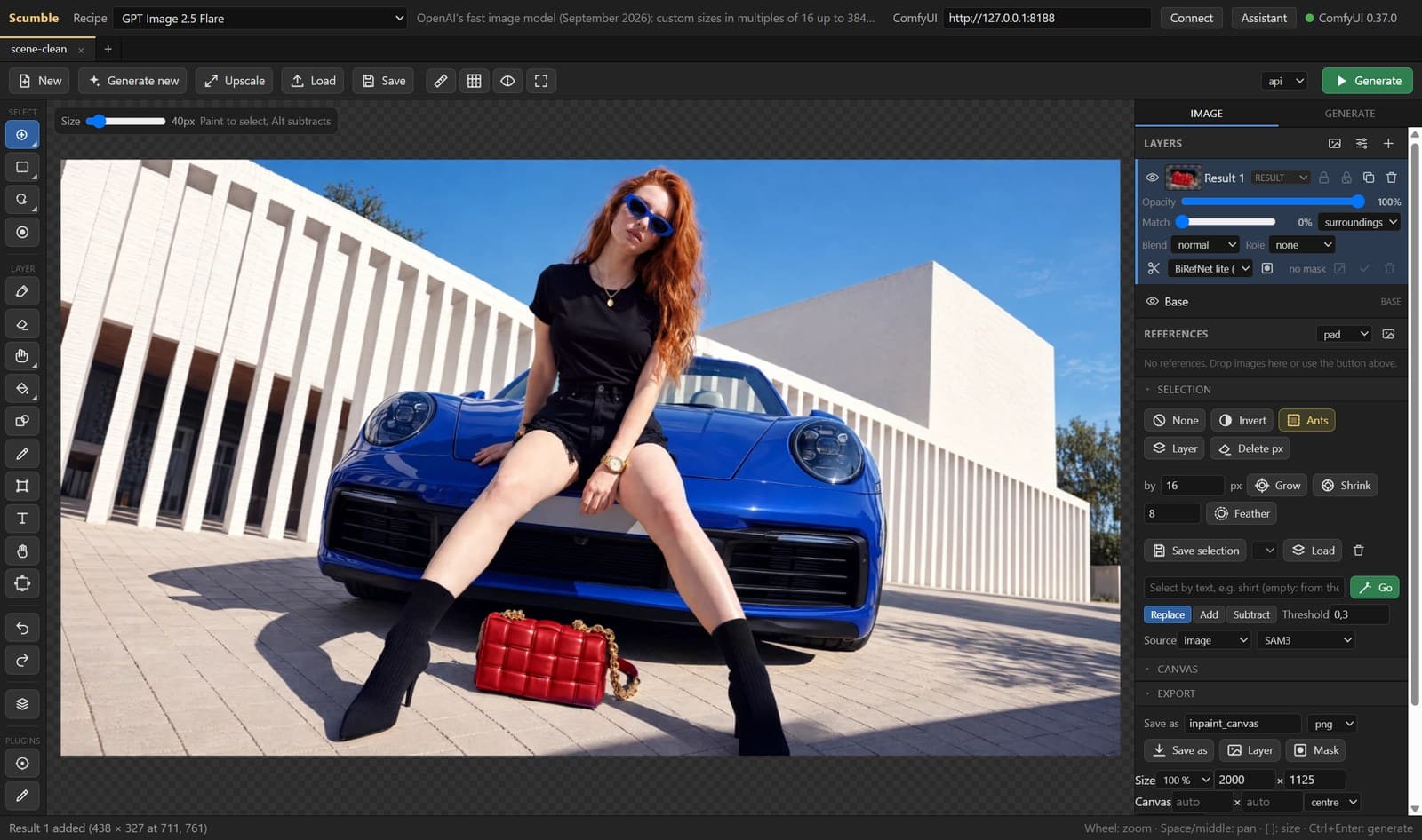 The layer stack with the generated result on top, its row expanded to show opacity, the Match slider, the blend mode and the cut-out row