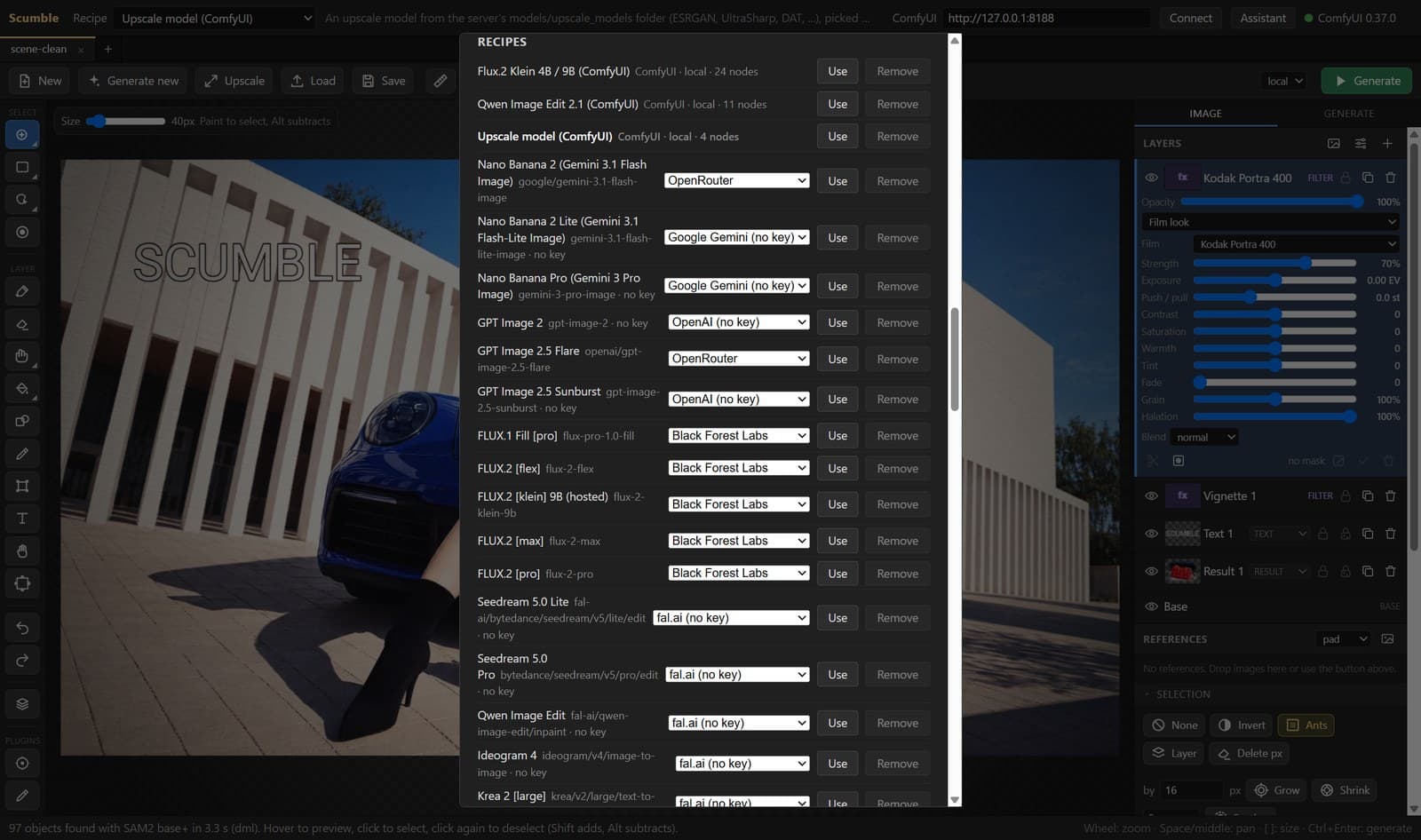 Settings, the Recipes section: the shipped recipes with the provider each runs on, and the button to import a ComfyUI workflow as a recipe
