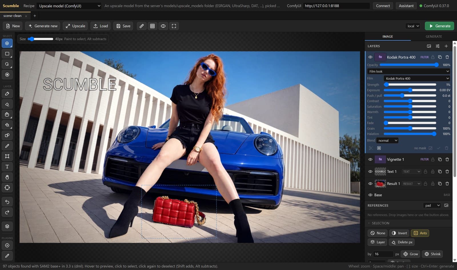 The handbag outlined exactly by the in-app SAM2 model after one click, with the status line reporting 97 objects found in 3.3 seconds