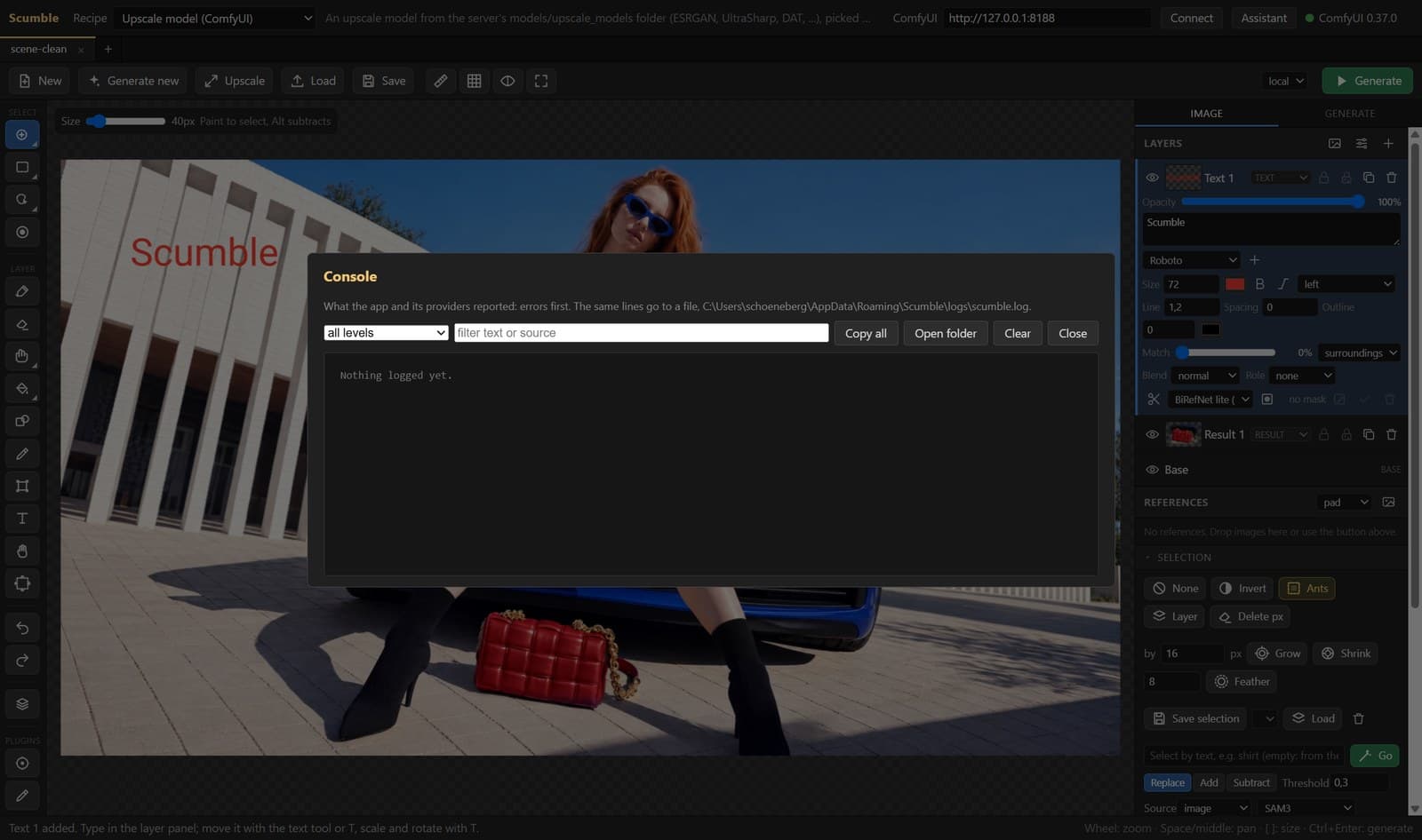 The console window over the editor, with the filter by level and text and the path of the log file