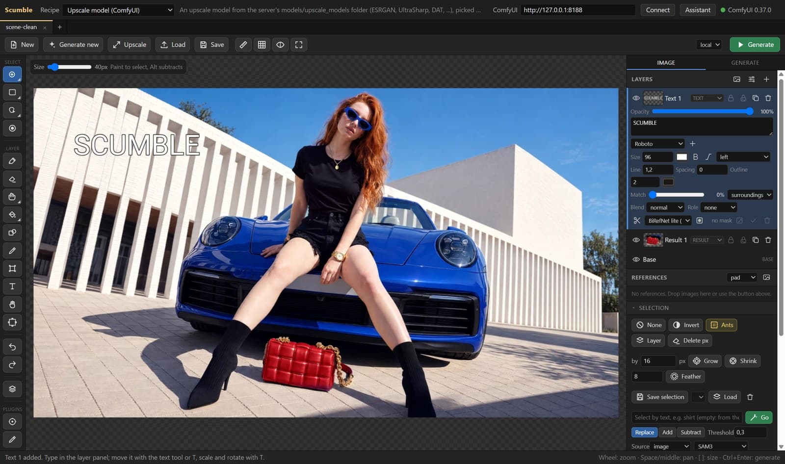 A text layer over the picture, its font, size, colour and outline editable in the layer row
