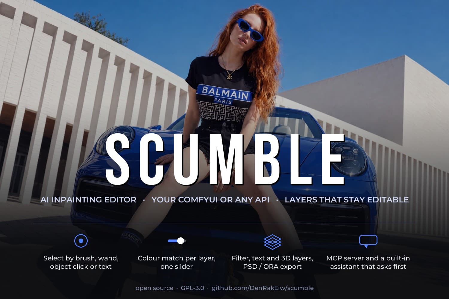 Scumble: the wordmark over a picture open in the editor, with the four things the app does listed below